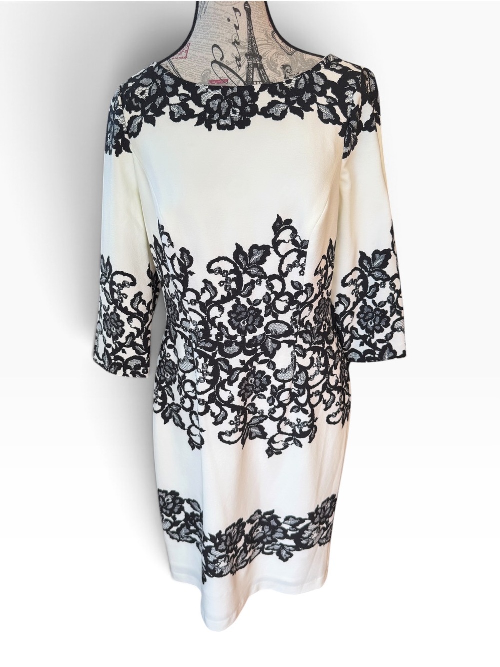 Adrianna Papell Black & White Floral Lace Print Sheath Dress Size 10